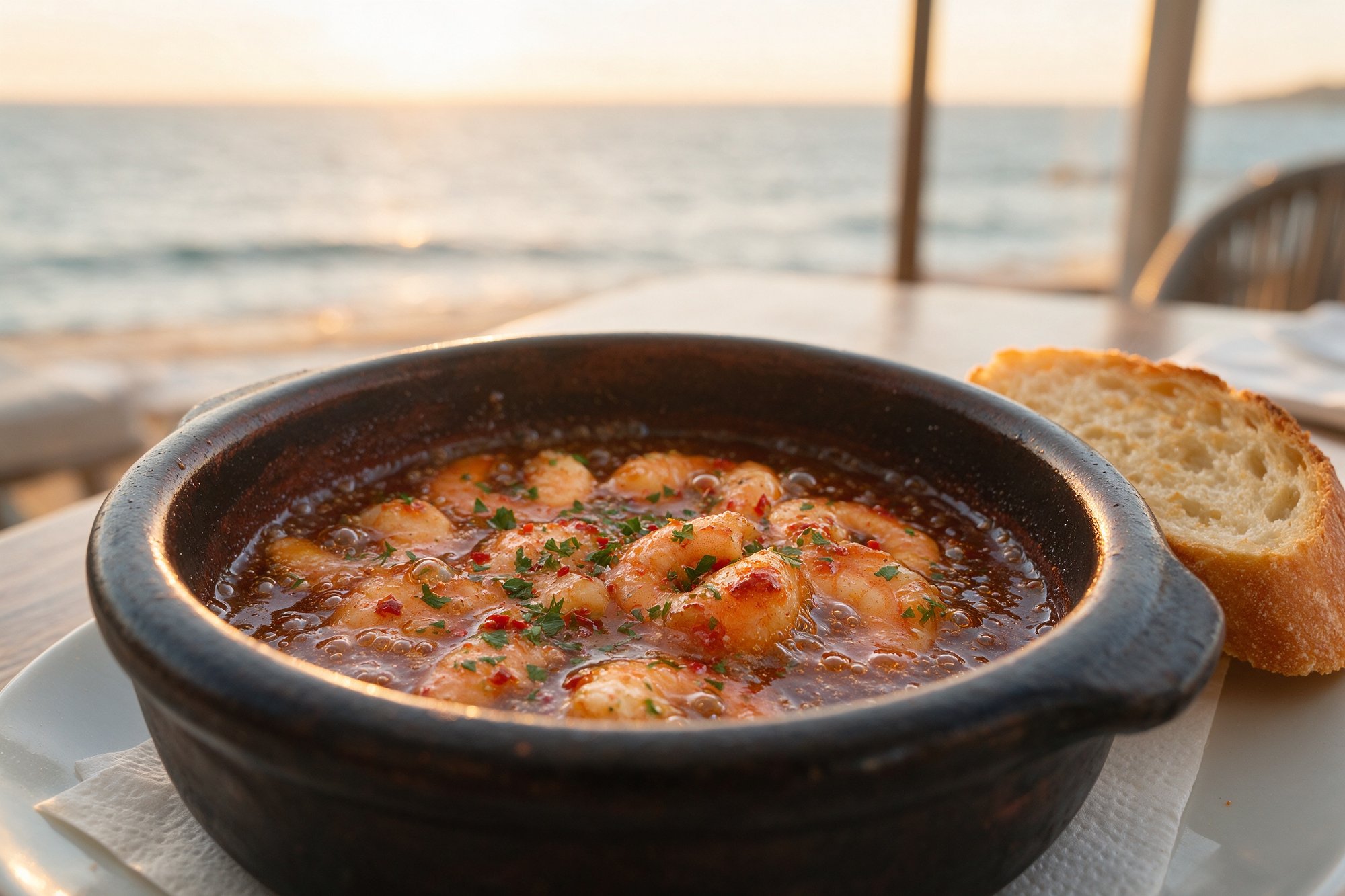 Gambas al Ajillo en cazuela de barro con aceite de oliva, ajo y perejil