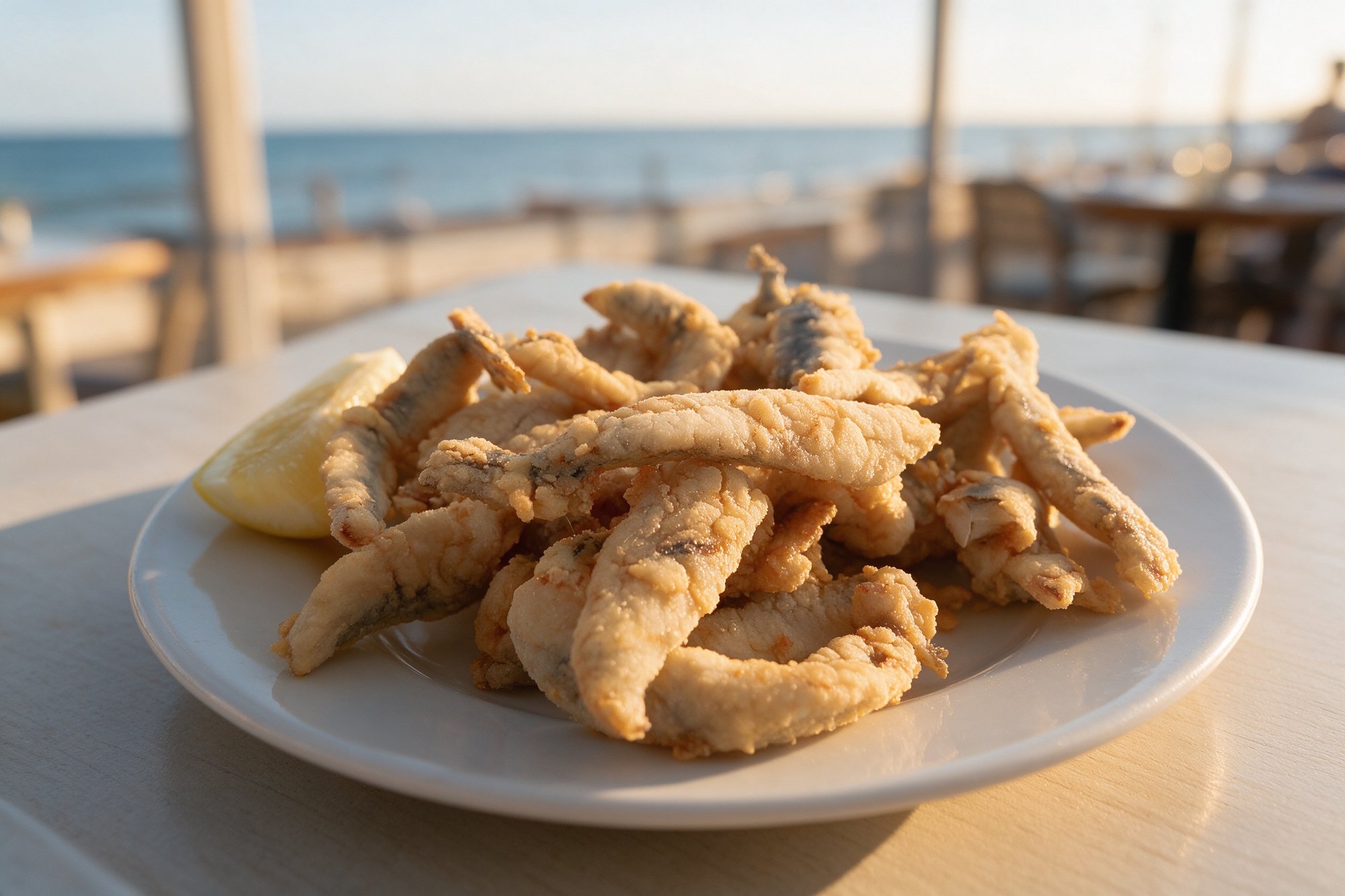 Pescado Frito Variado, plato blanco con pescadito frito dorado y gajos de limón