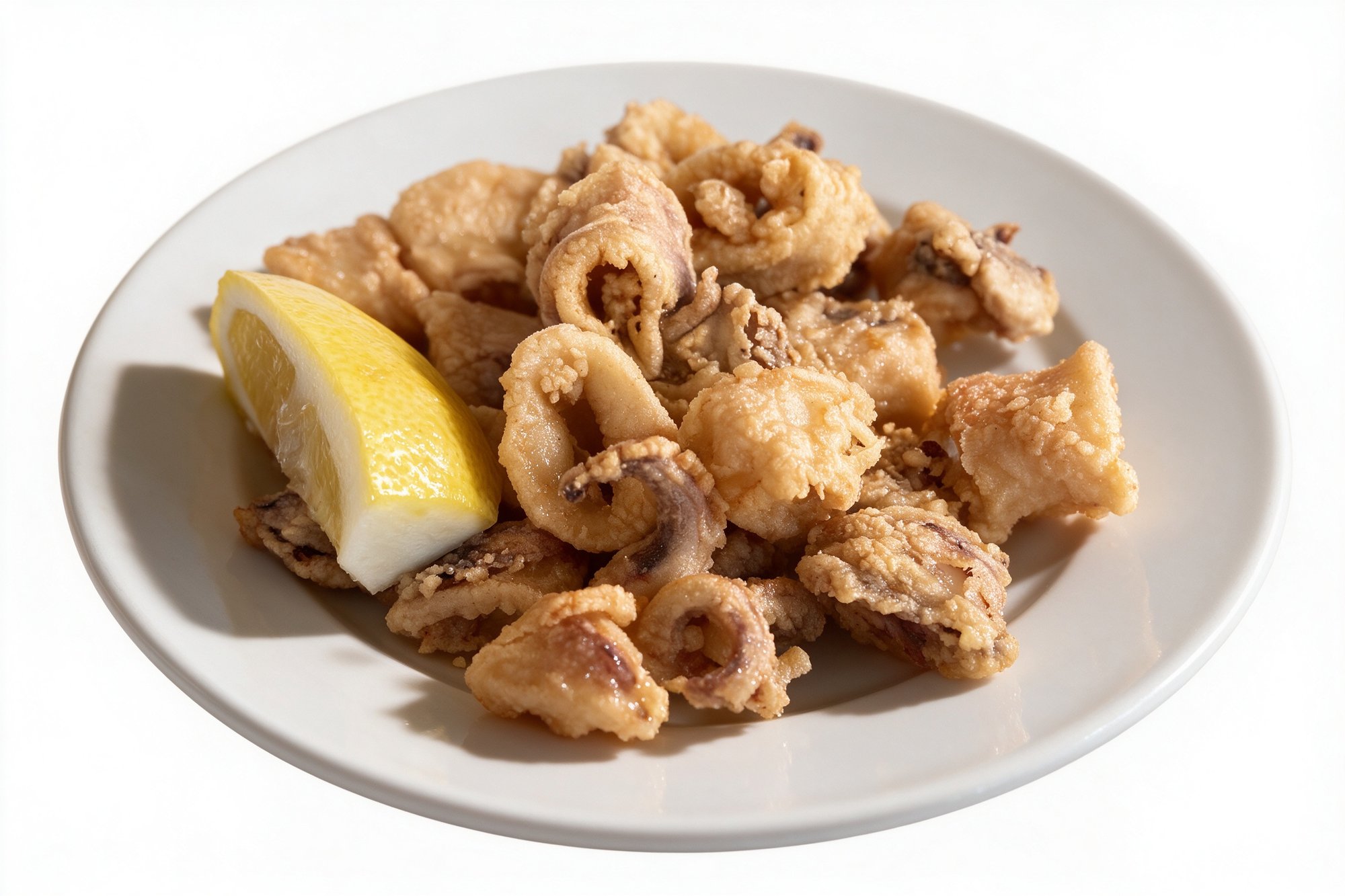 Calamares Fritos de Bar Los Pescadores, aros de calamar rebozados y dorados en plato blanco con limón