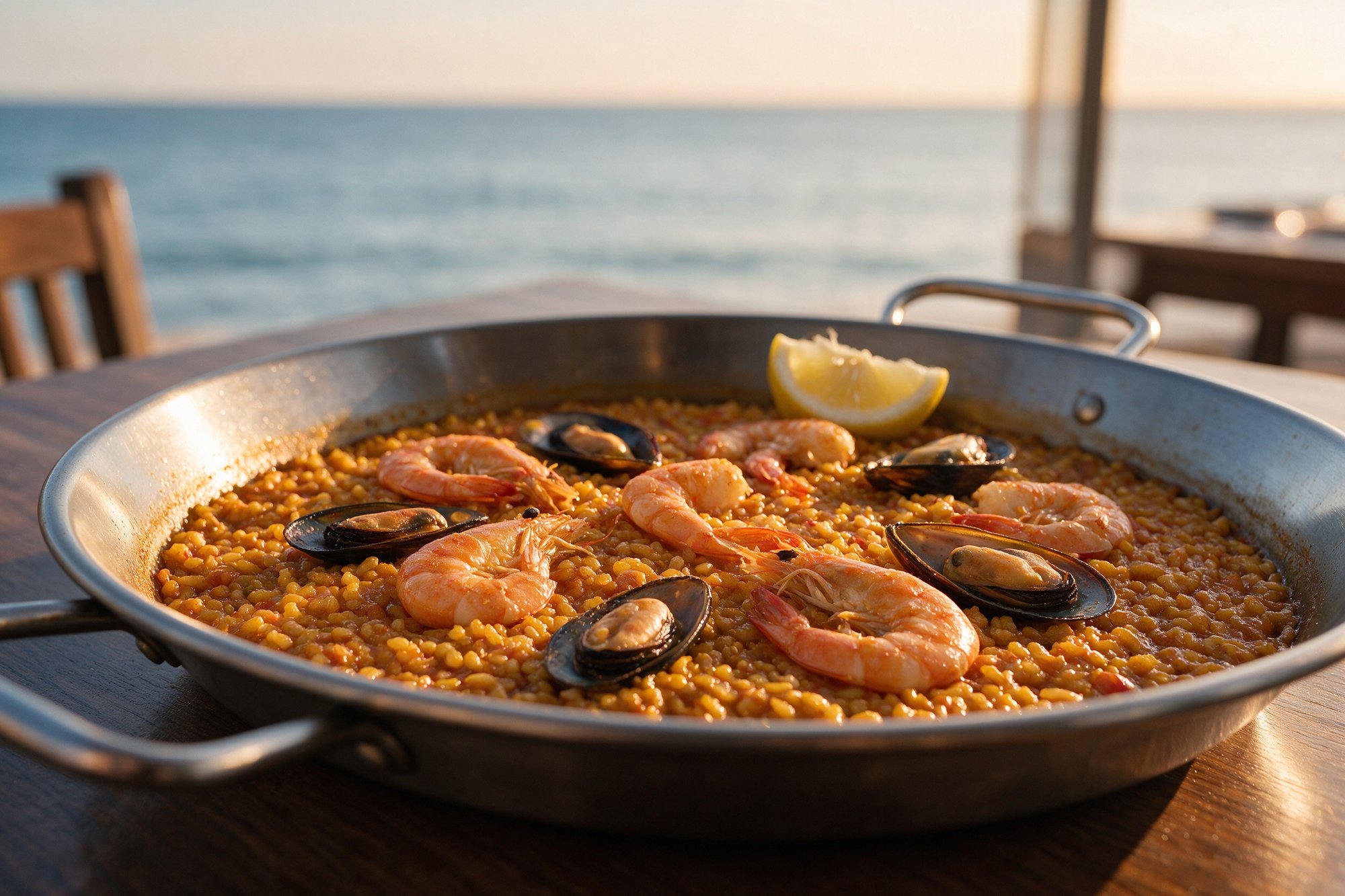 Paella de Marisco con arroz de grano corto en tono naranja dorado, gambas y mejillones
