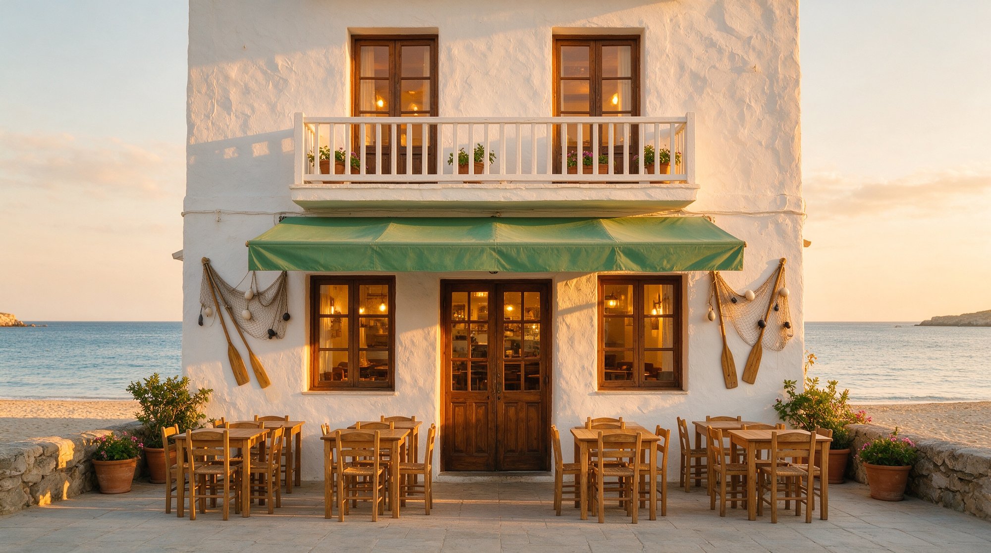 Bar Los Pescadores junto al paseo marítimo de Torre del Mar, fachada de piedra con toldo y decoración marinera