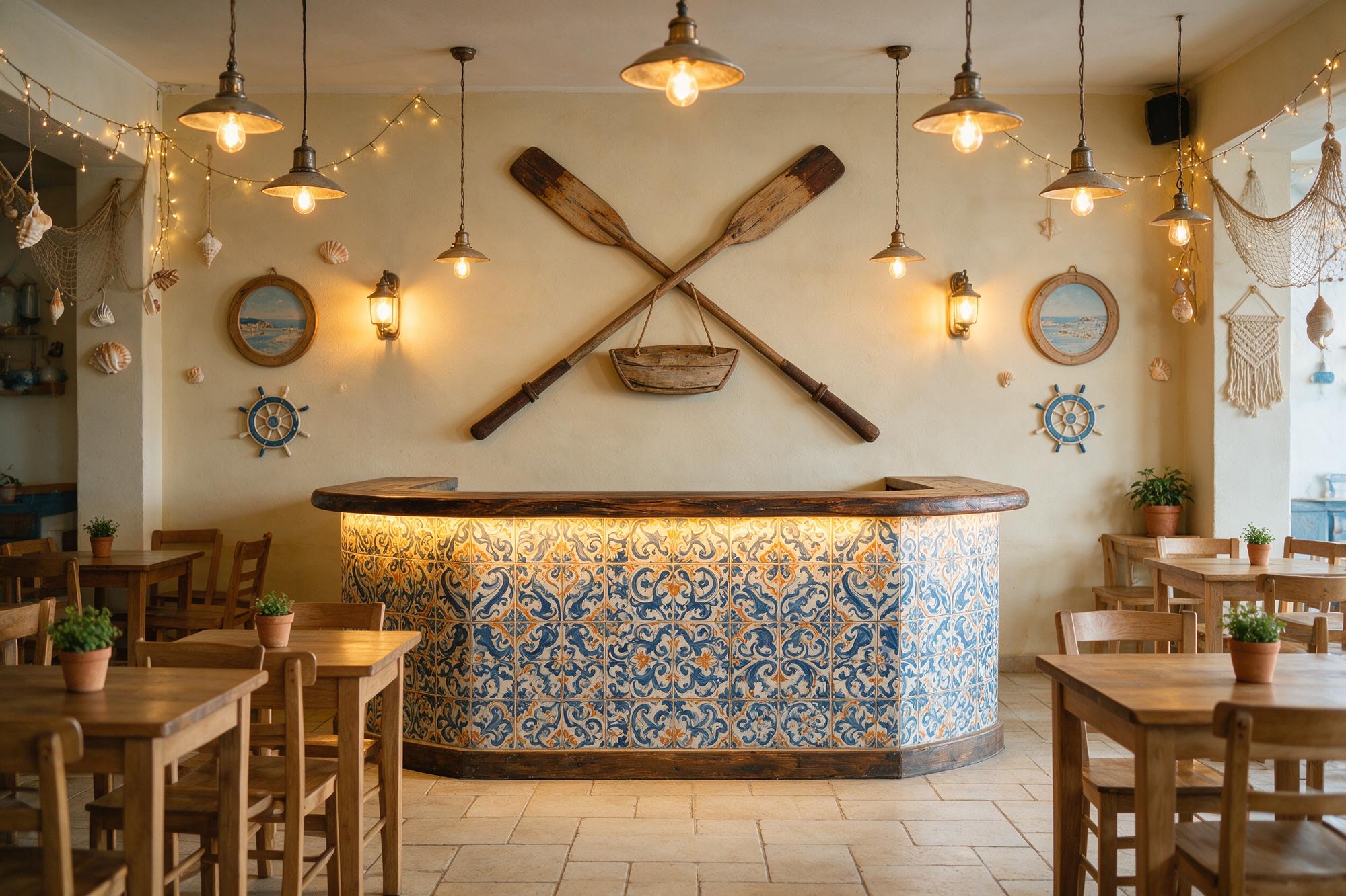 Interior de Bar Los Pescadores, barra de azulejos con remos de madera y decoración marinera en la pared